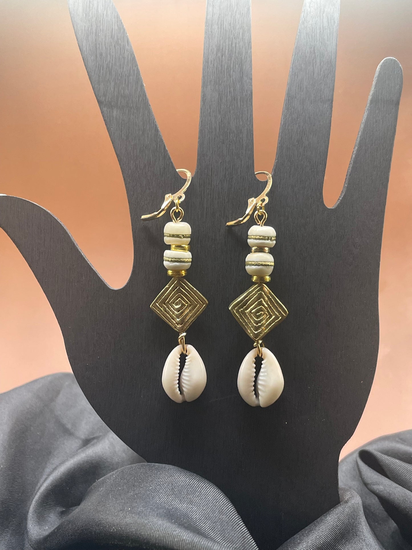 Natural Wooden Bead Golden Diamond Shaped Drop Earrings