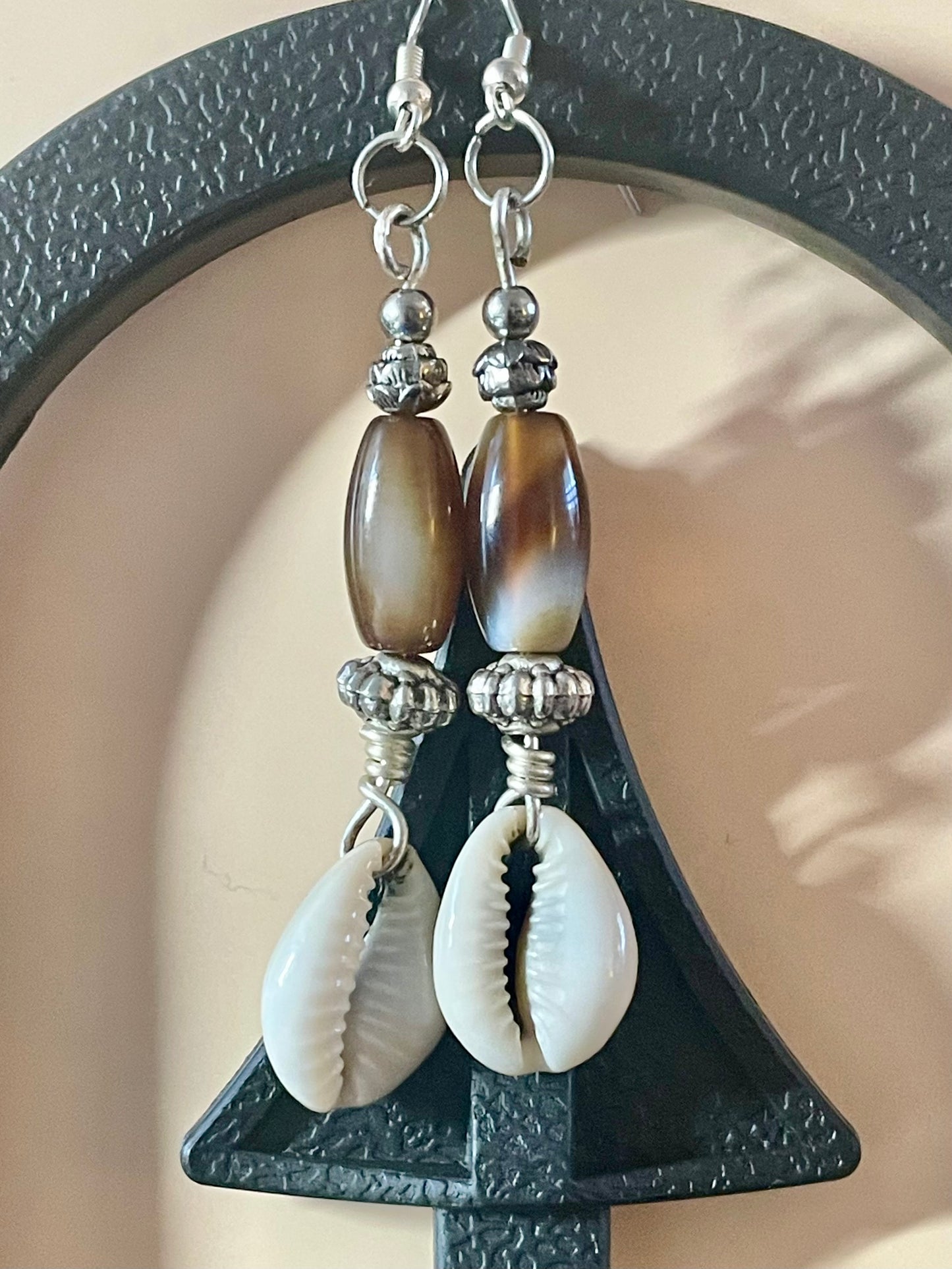 Brown & Beige Cowrie Shell Dangle Earrings