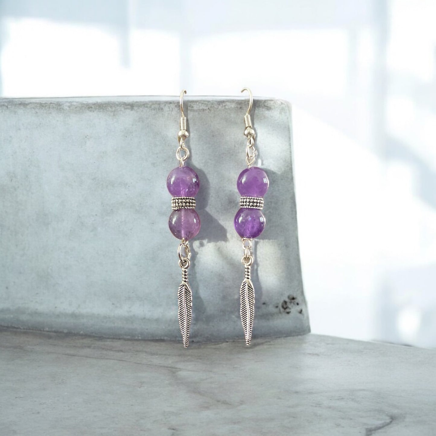 Double Tier Amethyst Bead & Feather Earrings