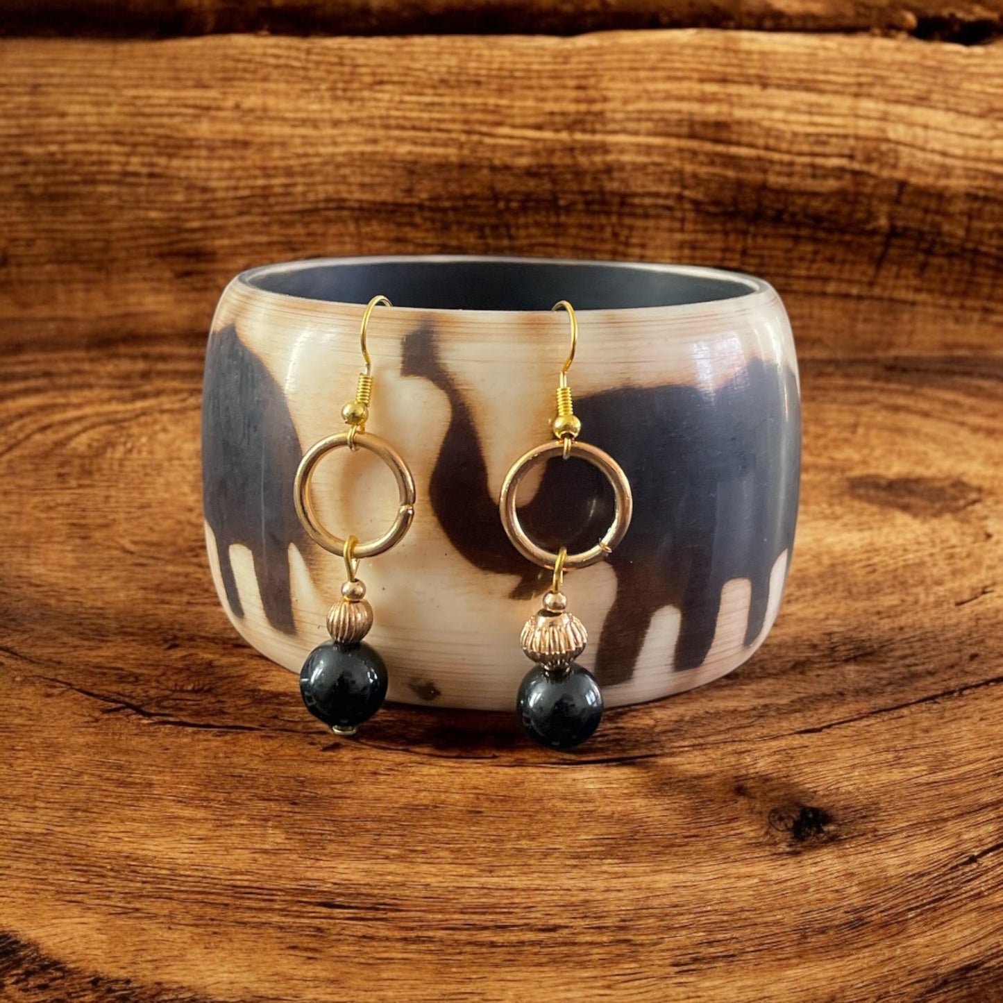 Gold Circle Obsidian Bead Dangle Earrings