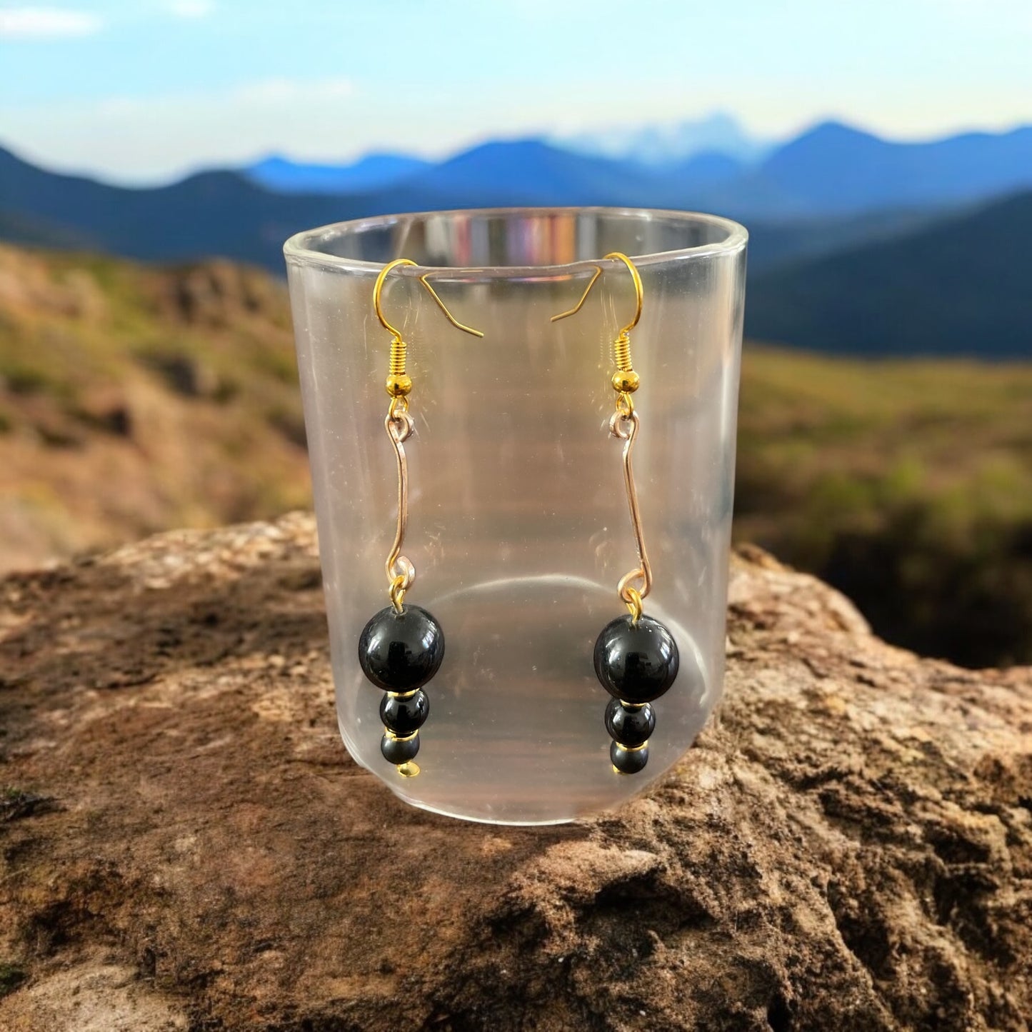 3 Tier Obsidian Bead & Gold Dangle Earrings