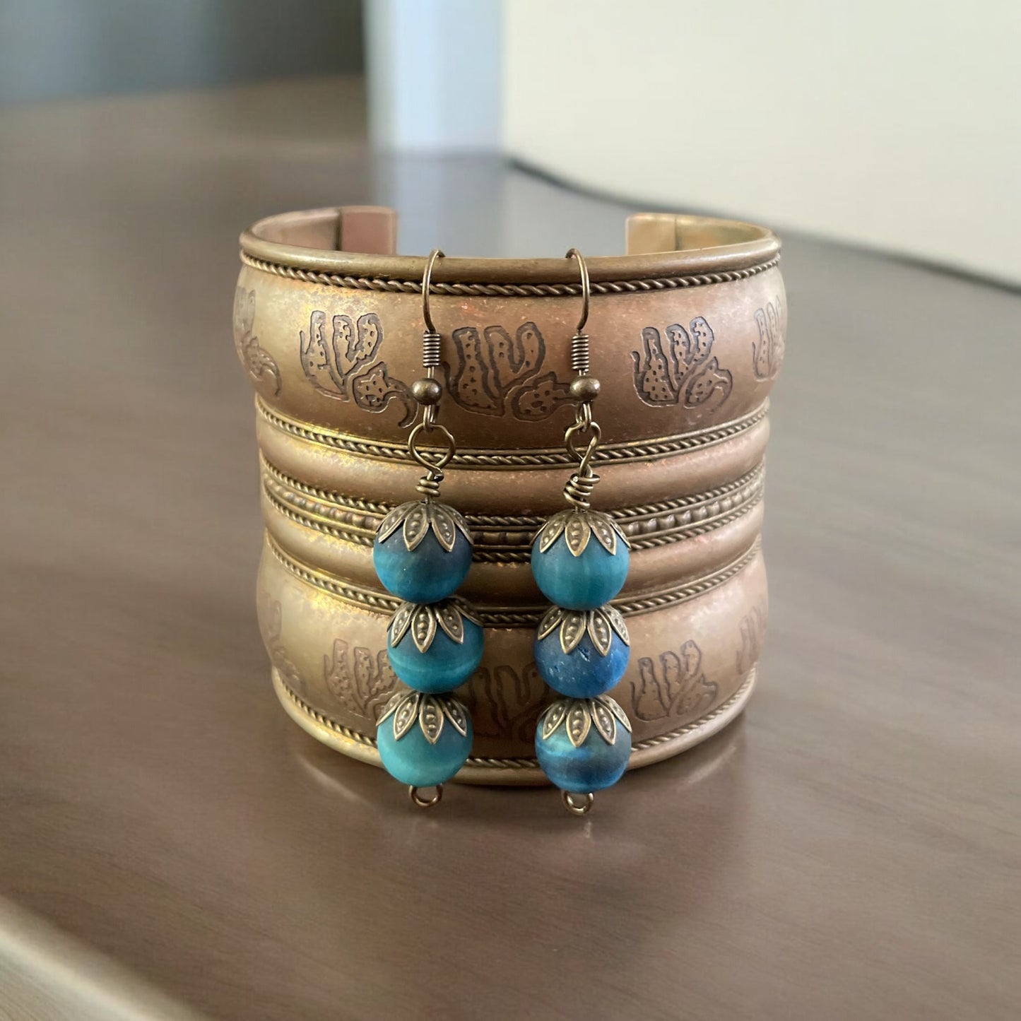 3 Tier Blue Tiger's Eye Dangle Earrings