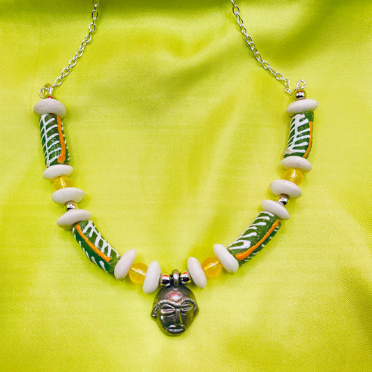Ethnic Green & Yellow Glass Bead Necklace