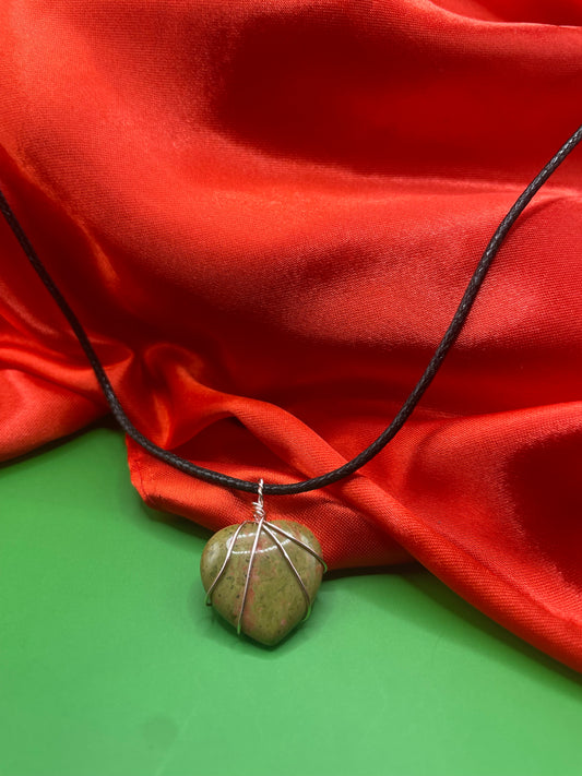 Wire Wrapped Unakite Crystal Heart Pendant
