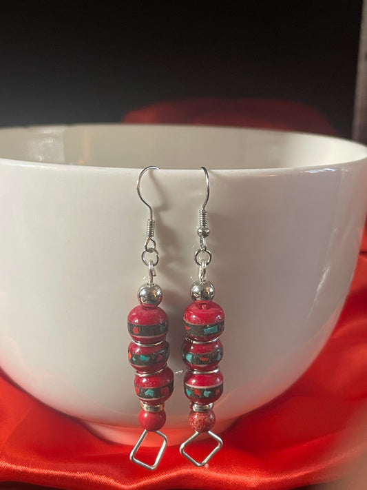 Red Wooden Bead Geometric Earrings