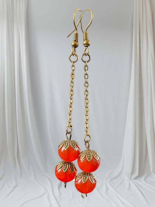 Red Agate Bead & Bronze Dangle Earrings