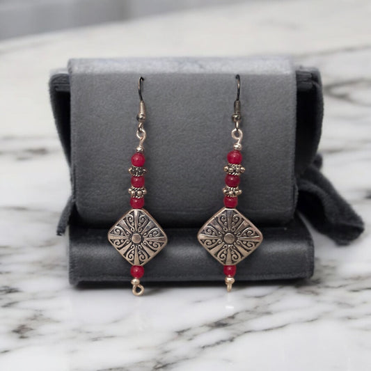 Red Seed Bead & Silver Dangle Earrings