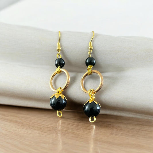 Gold Circle Obsidian Bead Dangle Earrings