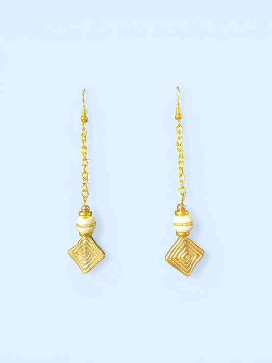 Natural Wooden Bead Golden Diamond Shaped Drop Earrings